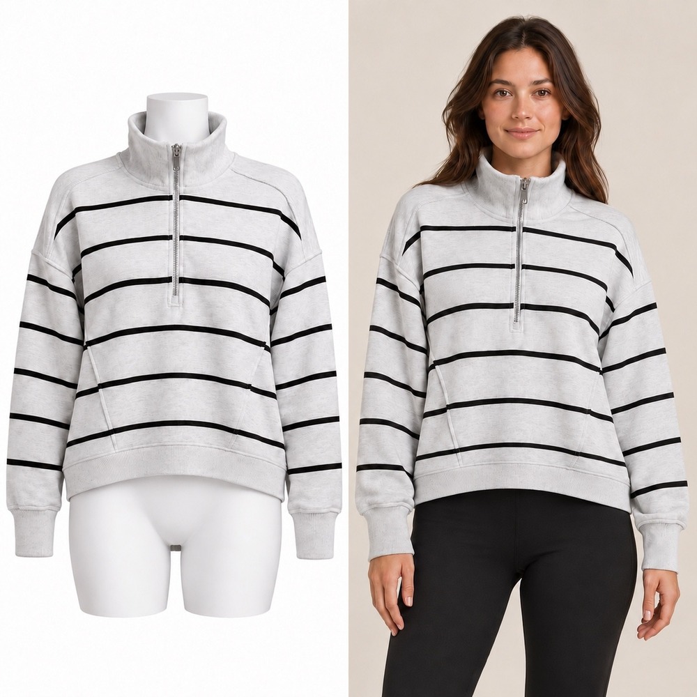 CALIA Mock Neck 1/4 Zip Pullover Women M White Black Striped Textured Sweatshirt